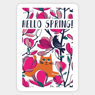 Hello Spring! // spot illustration with quote // orange tabby cat fuchsia pink Magnolia full bloom navy blue branches birds and lines Sticker